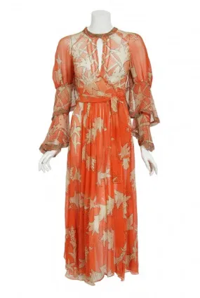 1971 Ossie Clark Documented Celia Birtwell Print Silk Chiffon Wrap Dress