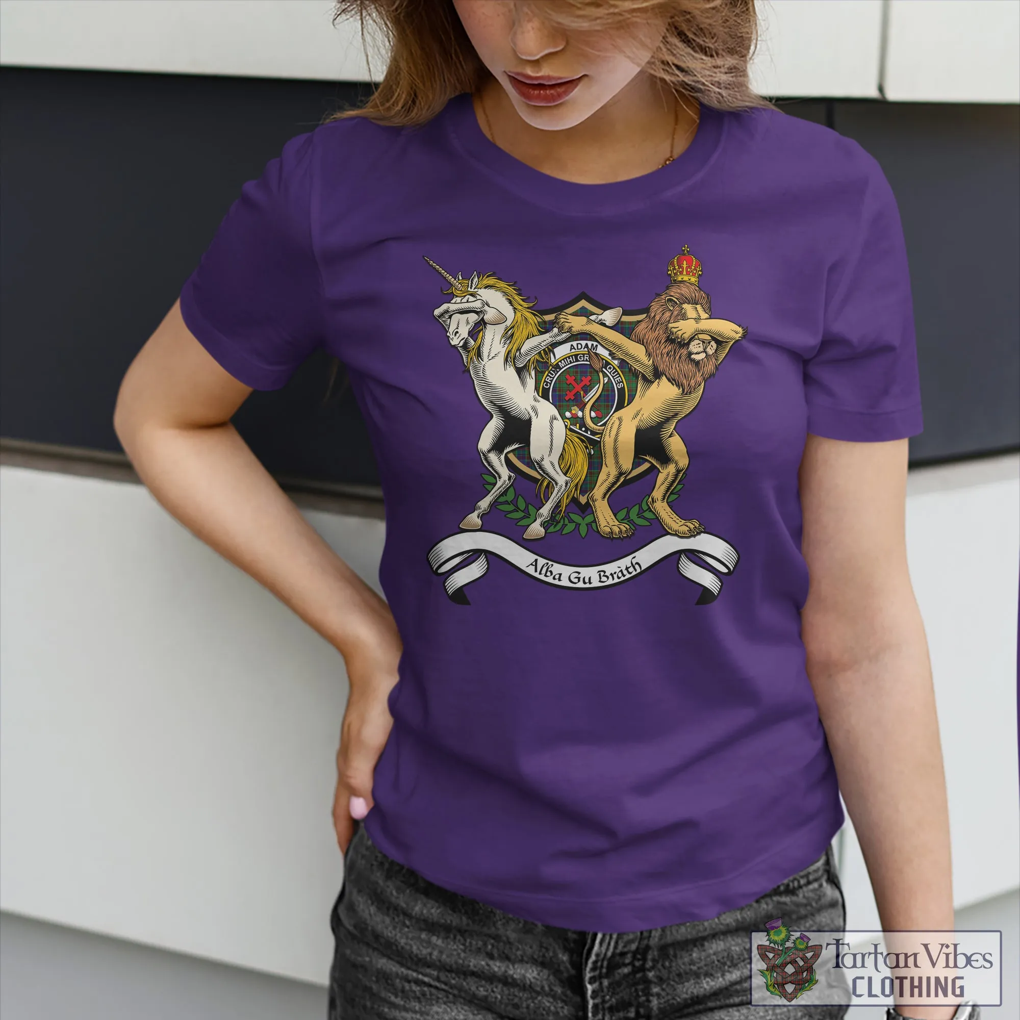 Adam Family Crest Cotton Women's T-Shirt with Scotland Royal Coat Of Arm Funny Style