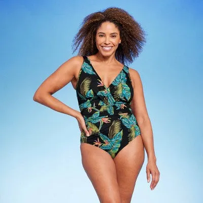 Aqua Green Shape   Style Women's Ruched One Piece Swimsuit V-Neck UPF 50 