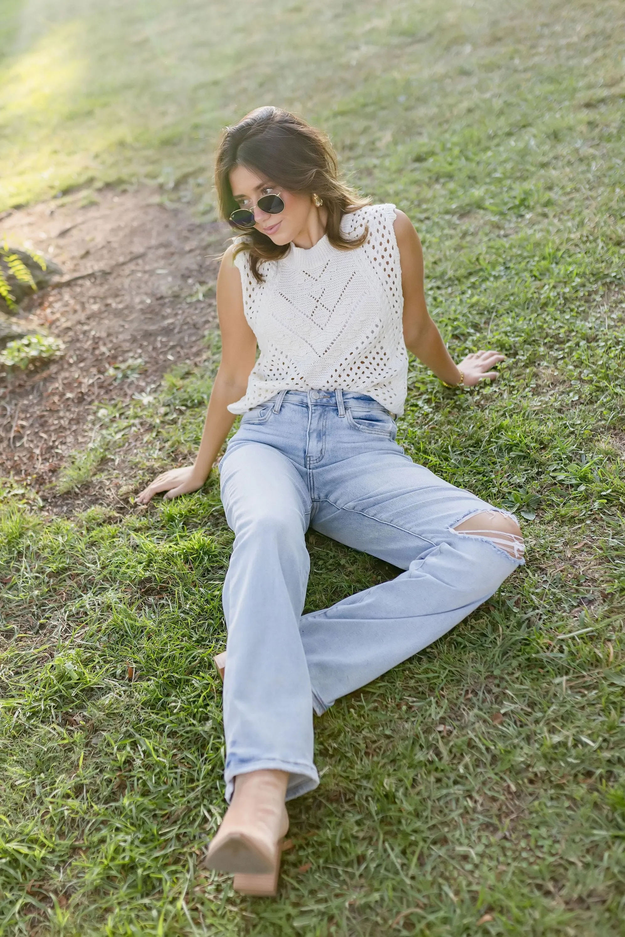 Ashton Sleeveless Crochet Knit Sweater Top Taupe