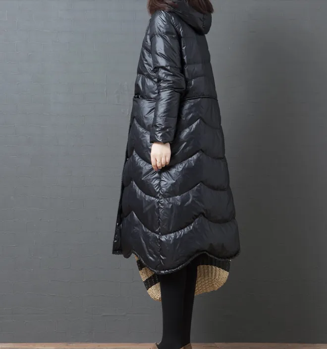 Black Hooded Long Puffer Coat Winter Duck Down Jacket Loose Down Jacket 23001