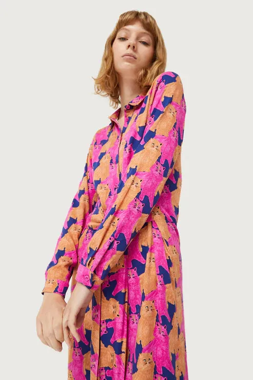 Cat Print Shirt Dress