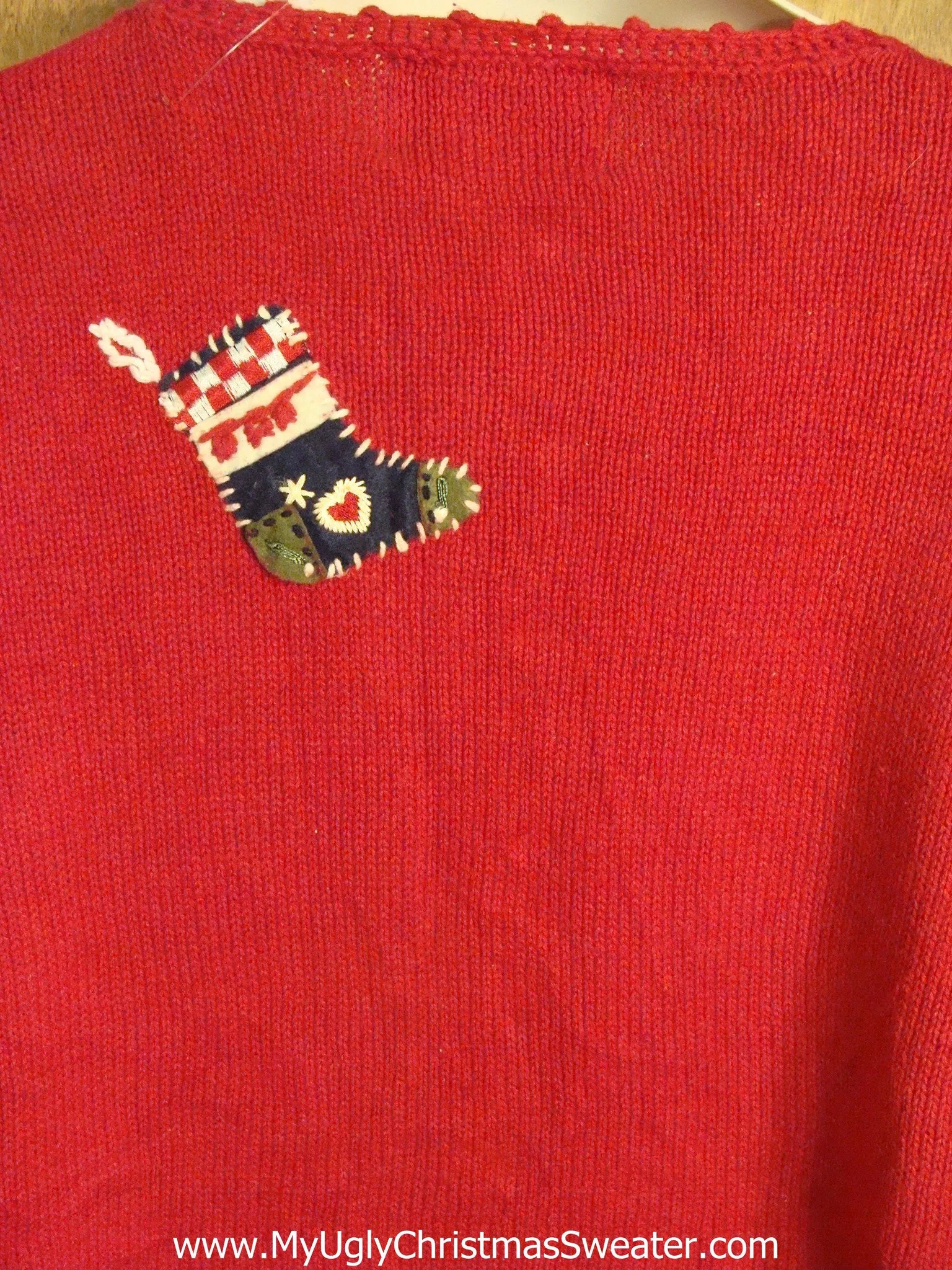 Cute Red Holiday Sweater with Stockings and Plaid Trees