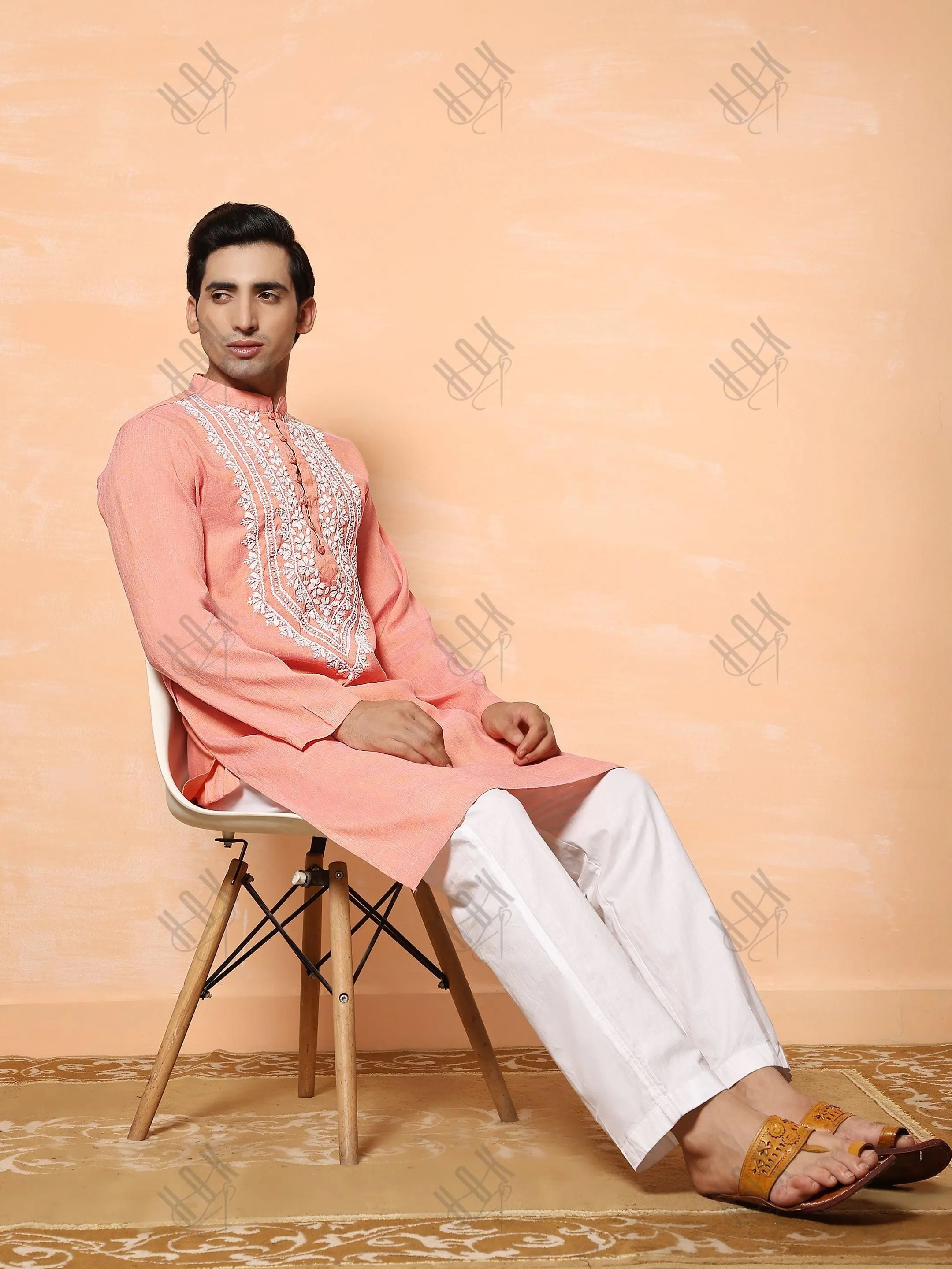 HOK Men's Chikankari Kurta in Cotton Silk Blend - Peach