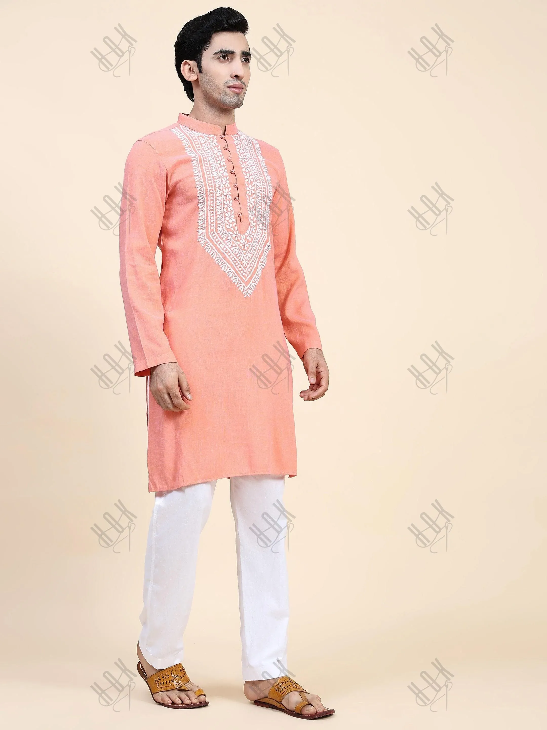 HOK Men's Chikankari Kurta in Cotton Silk Blend - Peach