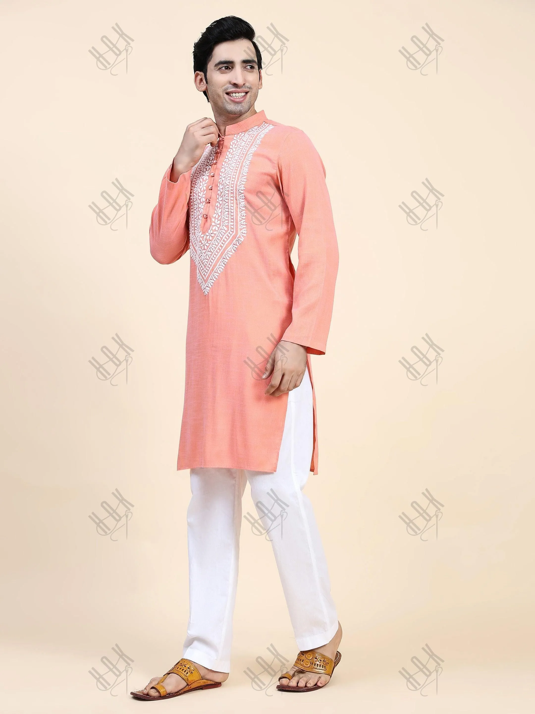 HOK Men's Chikankari Kurta in Cotton Silk Blend - Peach