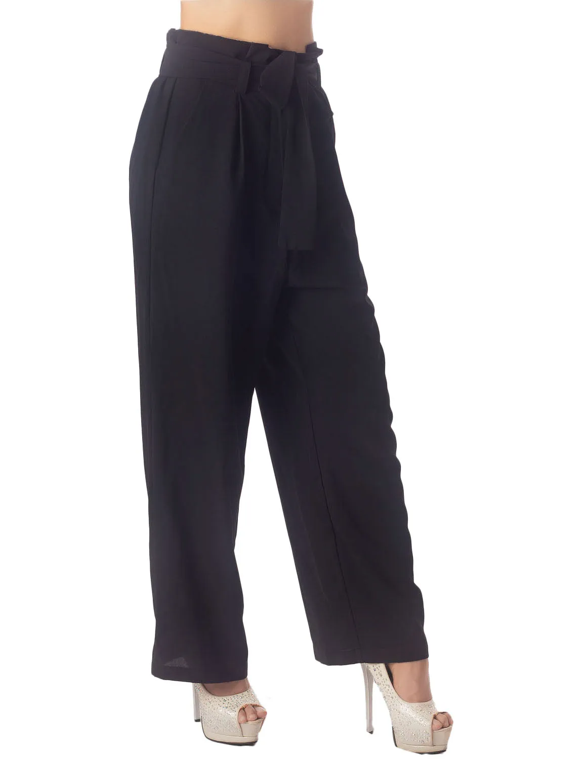 iB-iP Women's Bow Belt High Waist Cozy Casual Relaxed Wide Leg Pants