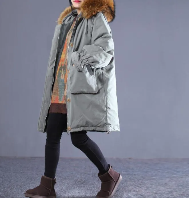 Large Fur Loose Plus size Side Pockets Hooded  Down Jacket Women Down Coats