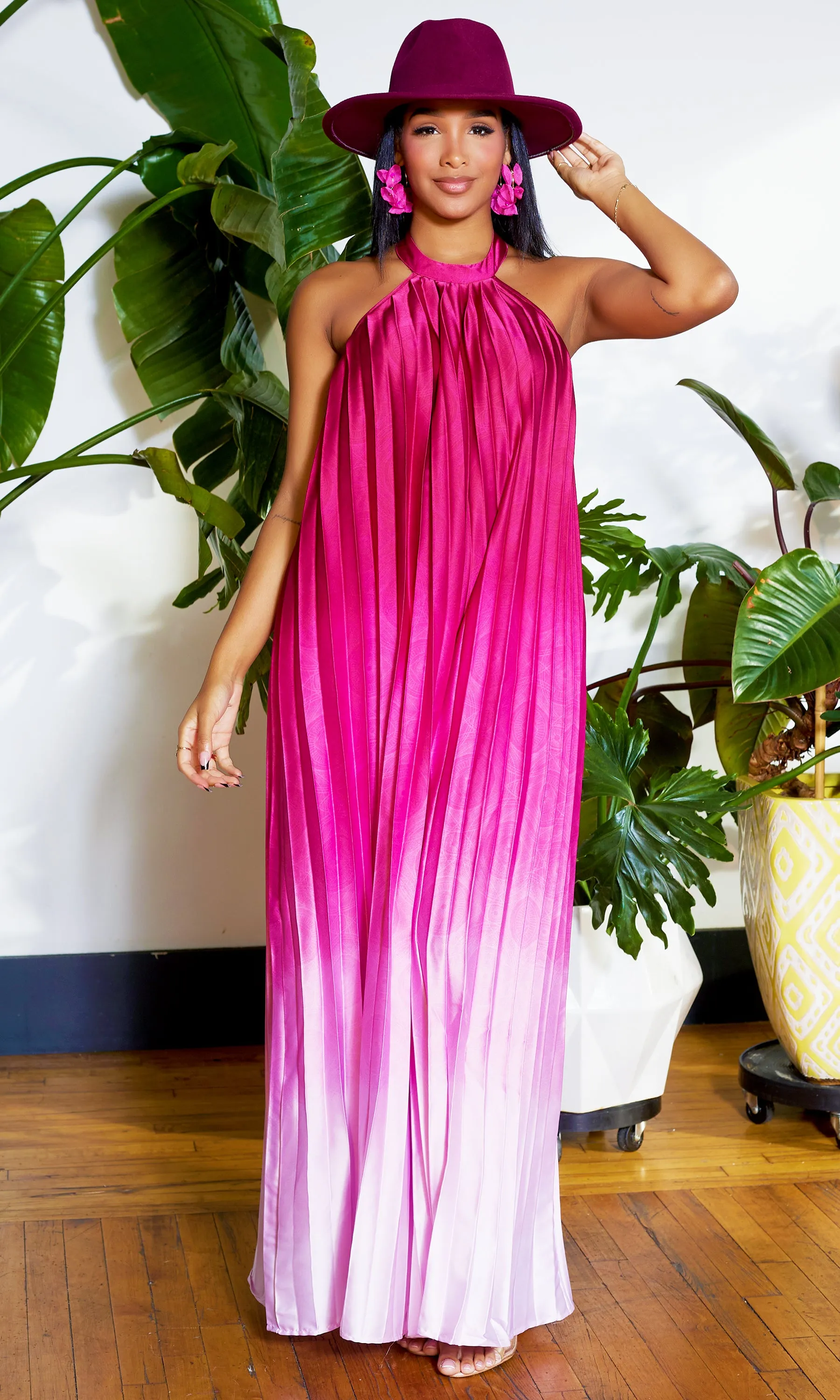 Ombre Pleated Halter Jumpsuit - Berry Ombre FINAL SALE