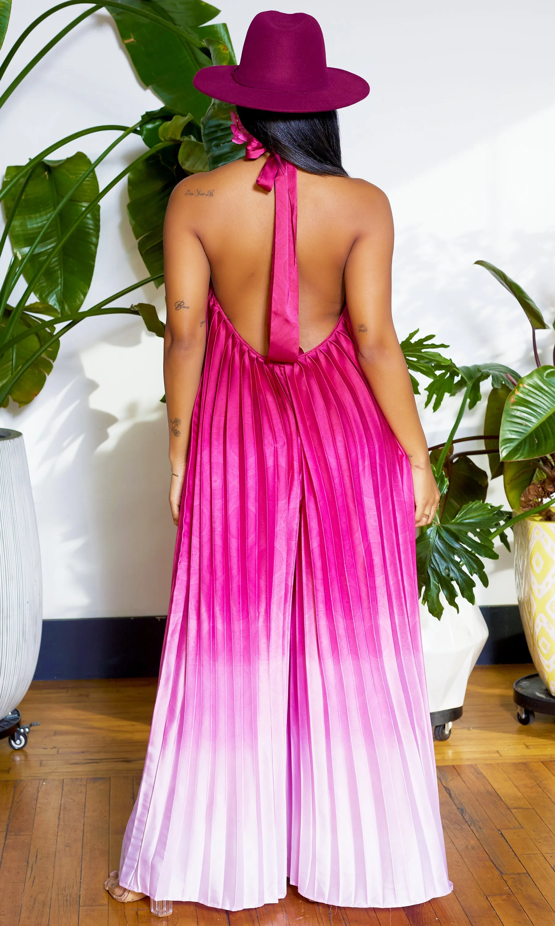 Ombre Pleated Halter Jumpsuit - Berry Ombre FINAL SALE