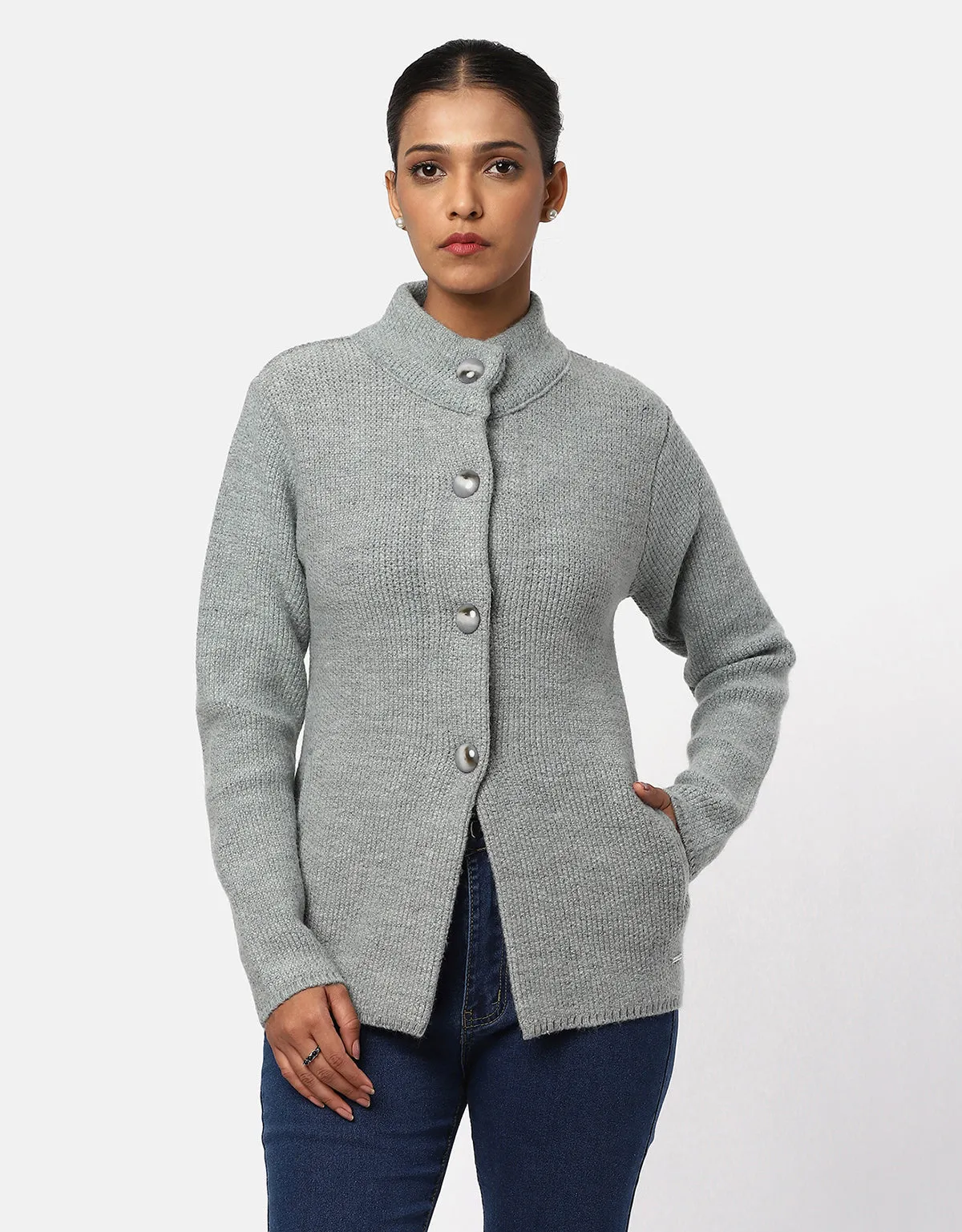 Women Woolen Round Neck With Front Pocket Short Coat