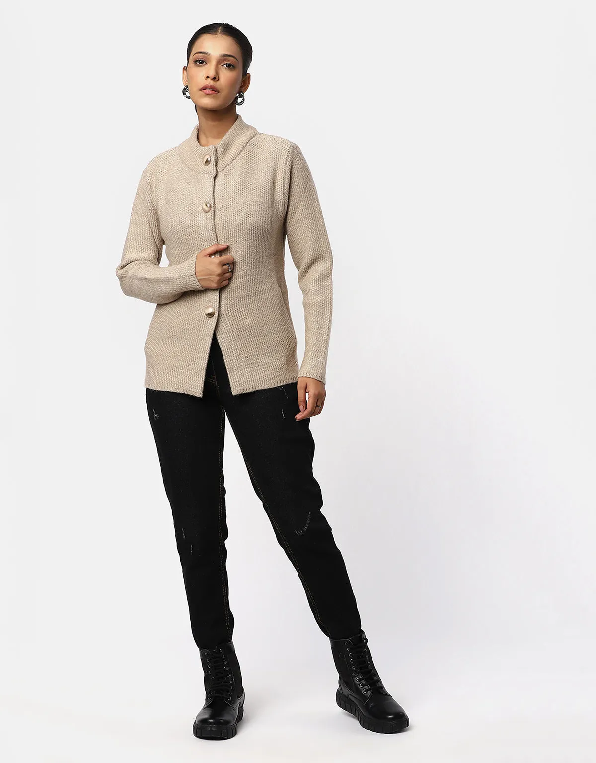 Women Woolen Round Neck With Front Pocket Short Coat